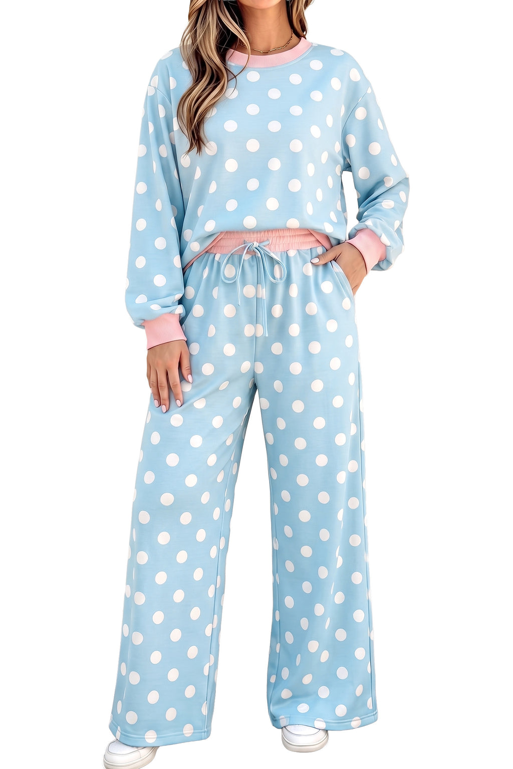 Khaki Polka Dot Contrast Trim Long Sleeve Top Drawstring Shift Pants Set