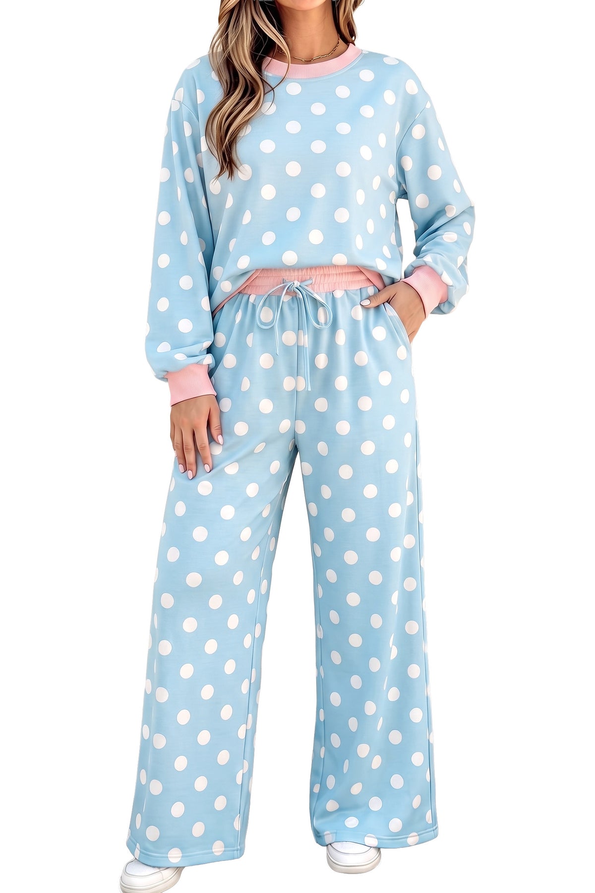 Khaki Polka Dot Contrast Trim Long Sleeve Top Drawstring Shift Pants Set