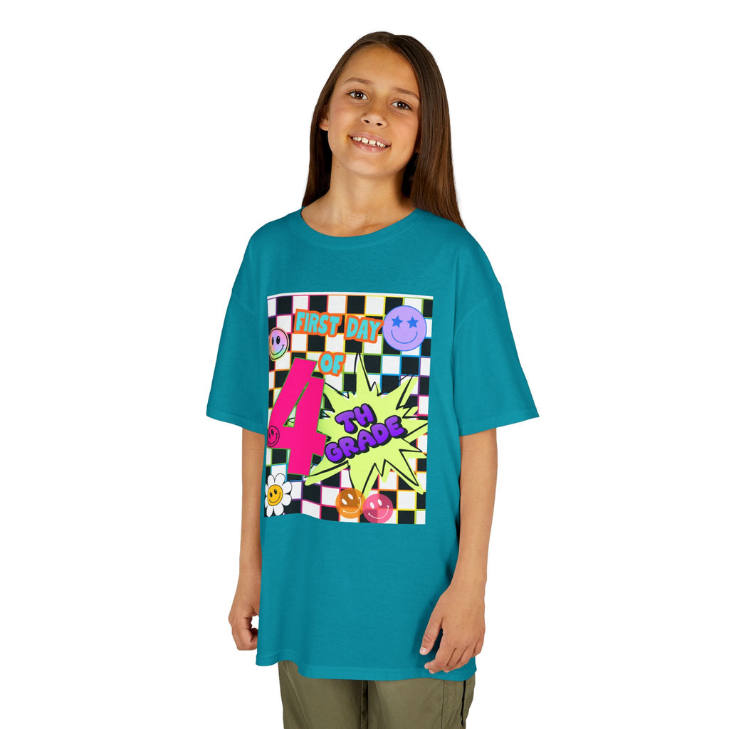 Kids 4th Grade First Day T-Shirt — Retro Checkerboard Neon Design