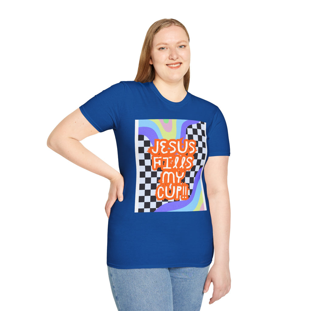 T-Shirt — "Jesus Fills My Cup" Retro Checkerboard Faith Tee