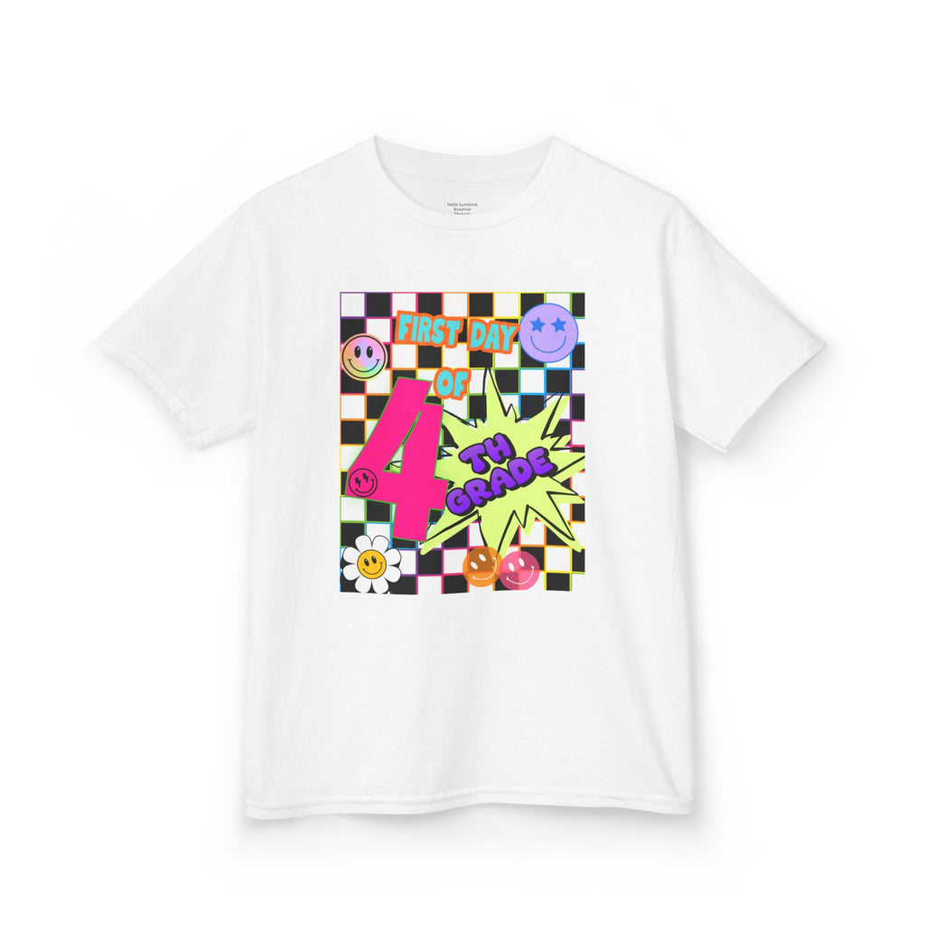 Kids 4th Grade First Day T-Shirt — Retro Checkerboard Neon Design