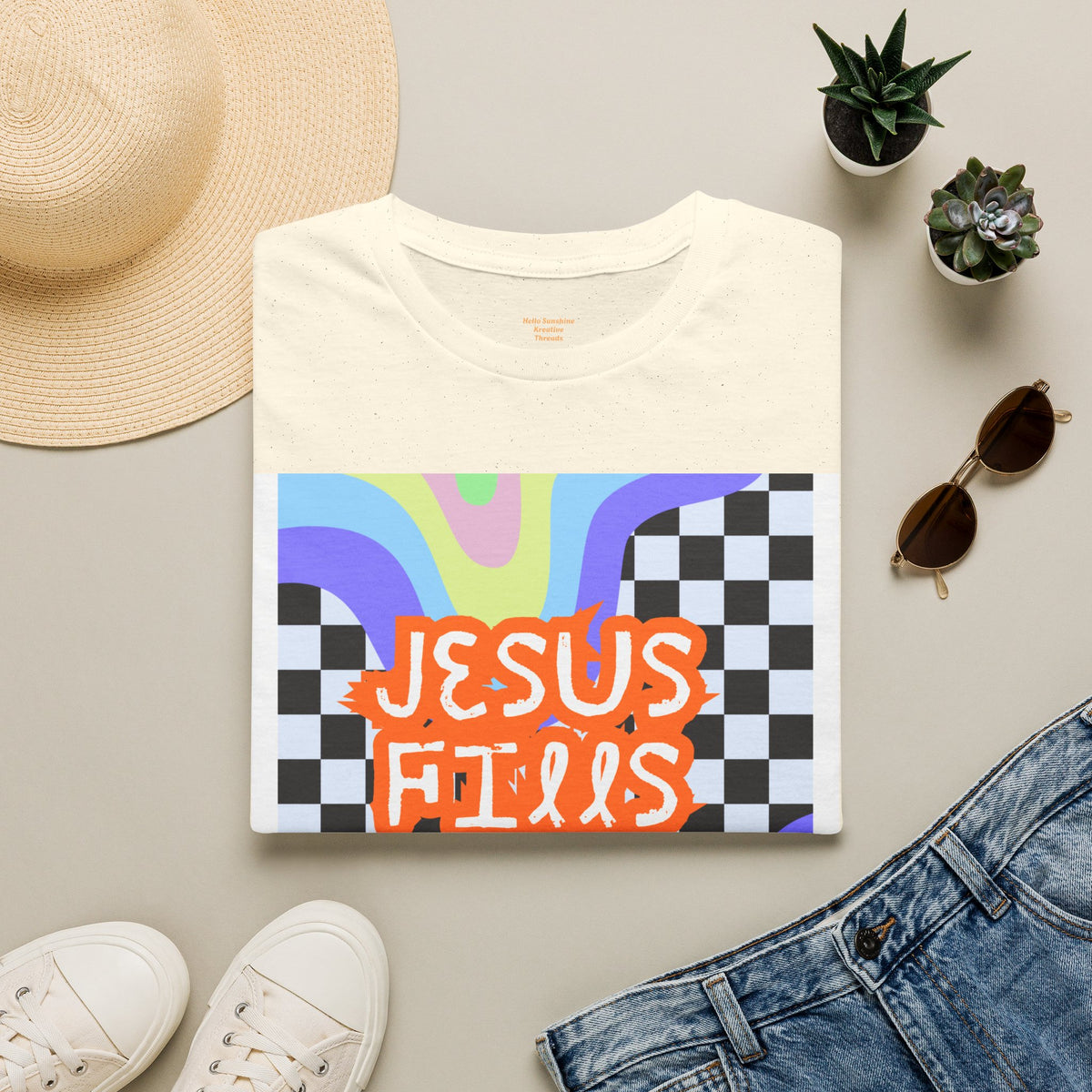 T-Shirt — "Jesus Fills My Cup" Retro Checkerboard Faith Tee
