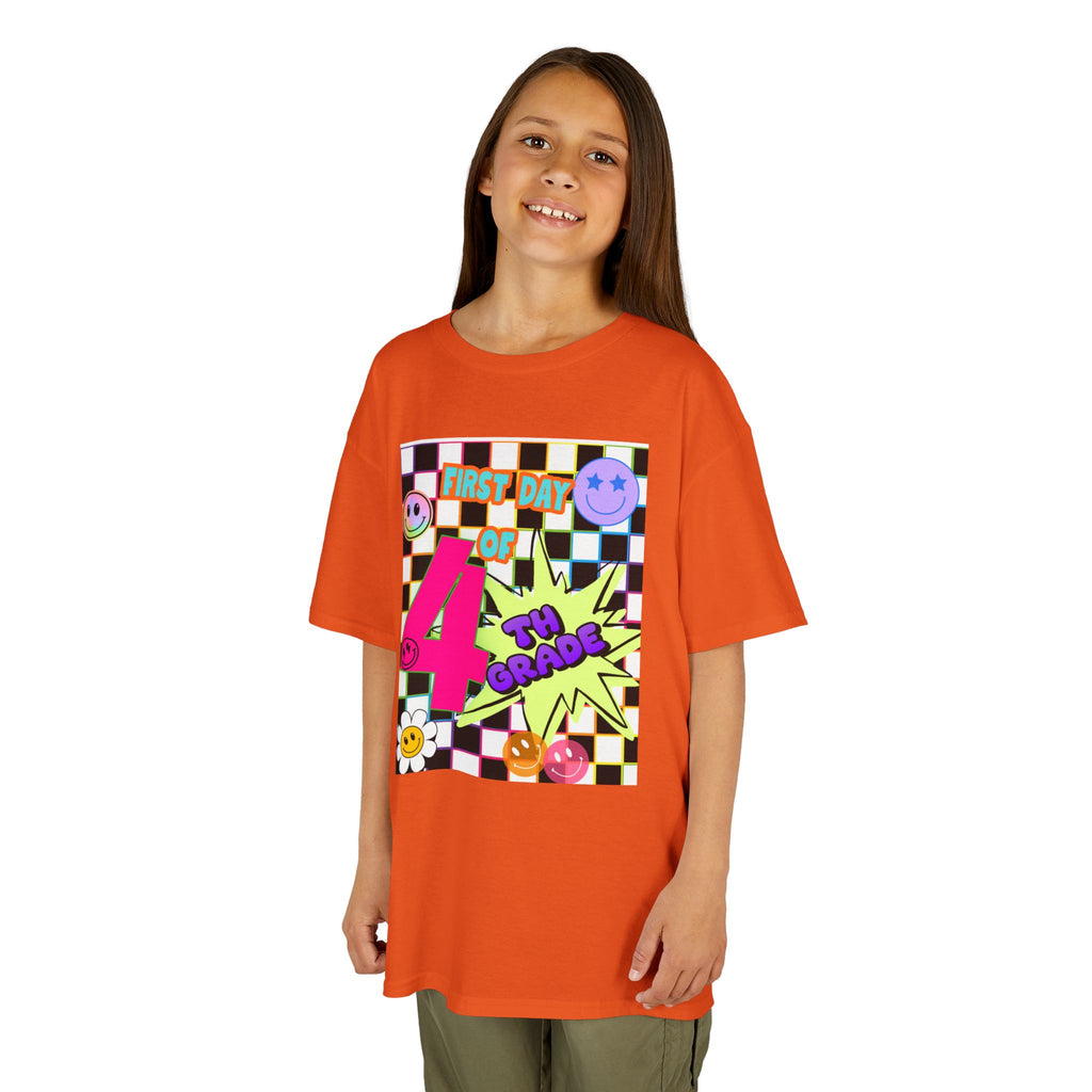 Kids 4th Grade First Day T-Shirt — Retro Checkerboard Neon Design