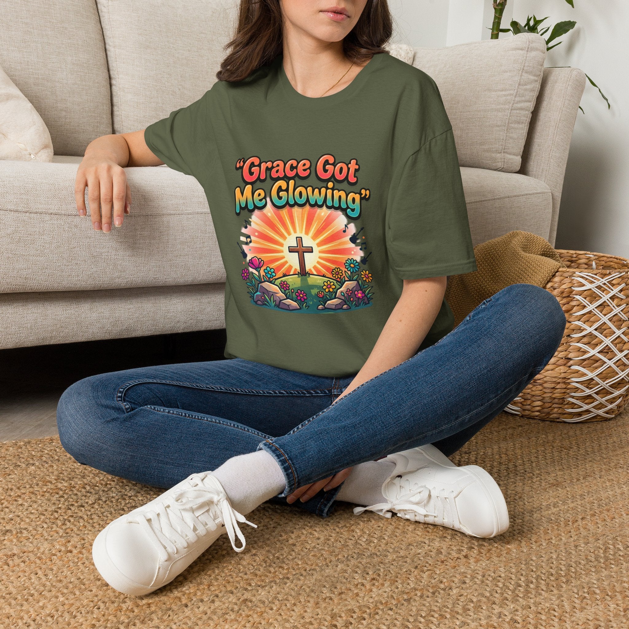 T-Shirt — "Grace Got Me Glowing" Christian Retro Sunrise Faith Tee