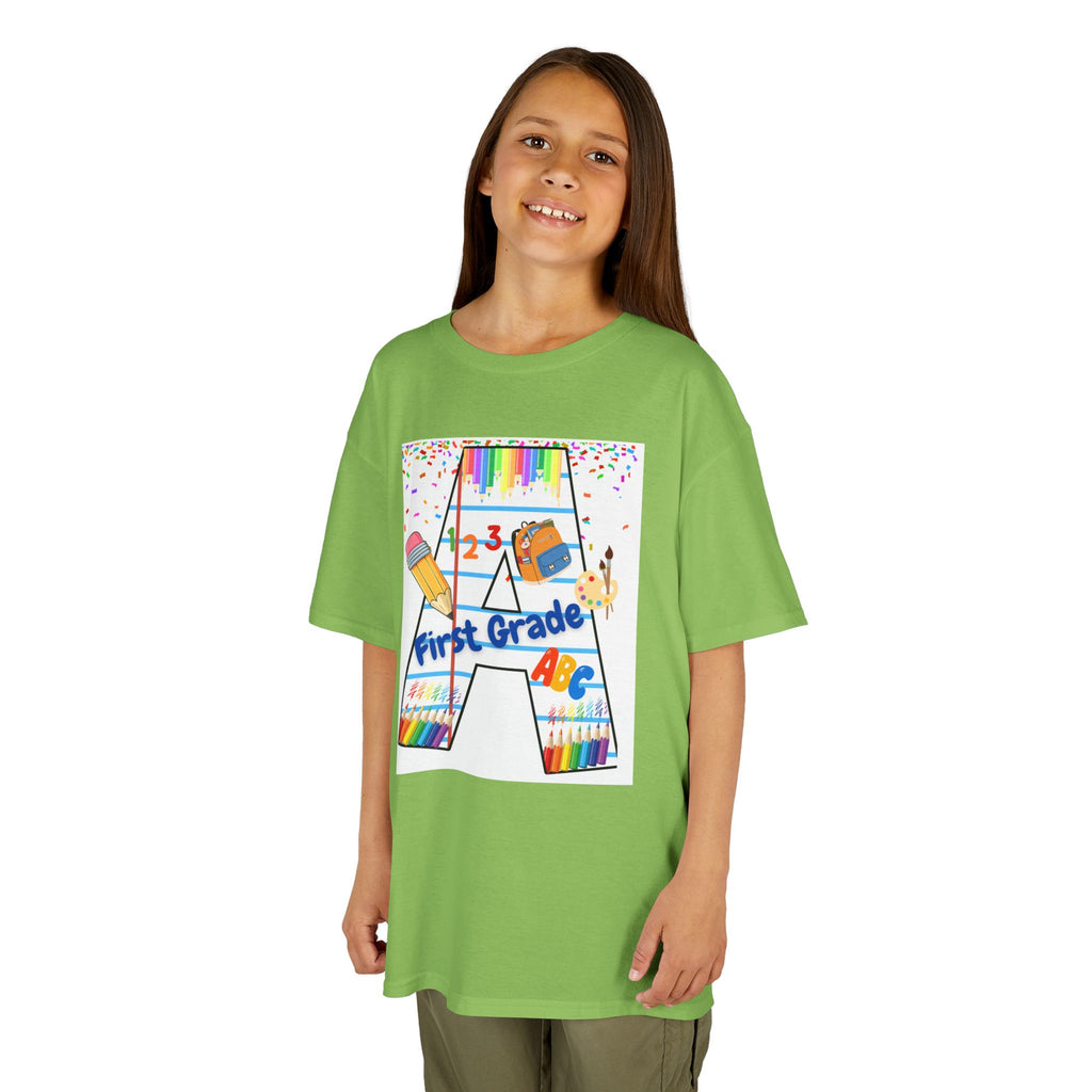 First Grade Kids Tee — Back to School A Monogram T-Shirt with Pencils & ABCs