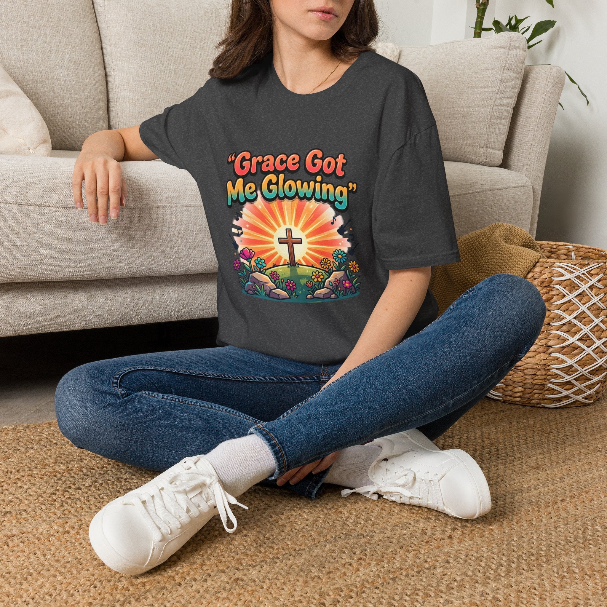T-Shirt — "Grace Got Me Glowing" Christian Retro Sunrise Faith Tee
