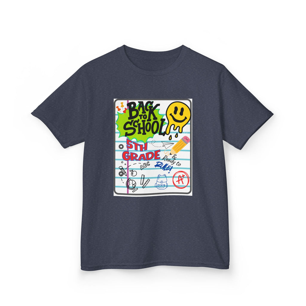 Kids "Back to School" Notebook Graphic Tee – 5th Grade Smiley Doodle Shirt