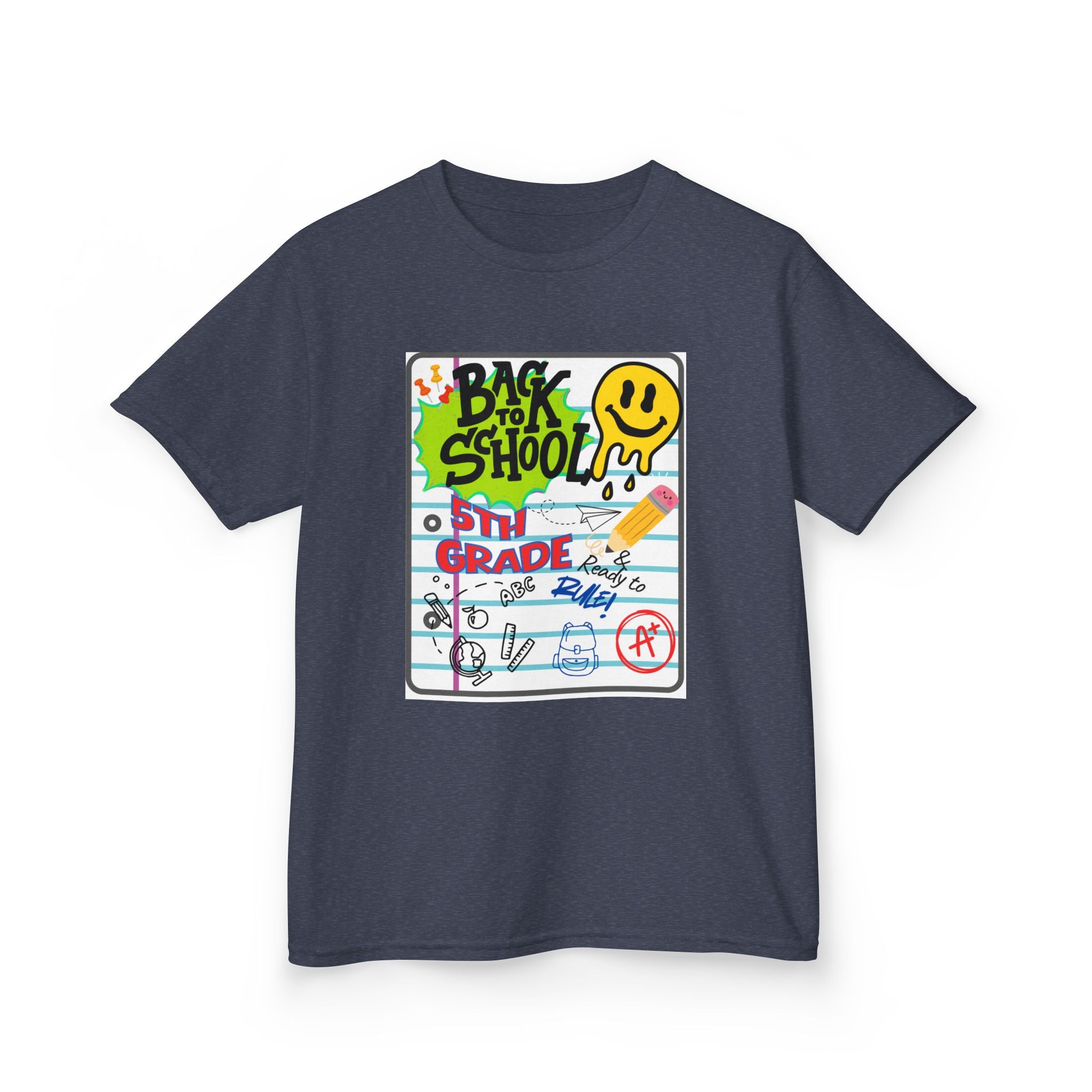 Kids "Back to School" Notebook Graphic Tee – 5th Grade Smiley Doodle Shirt