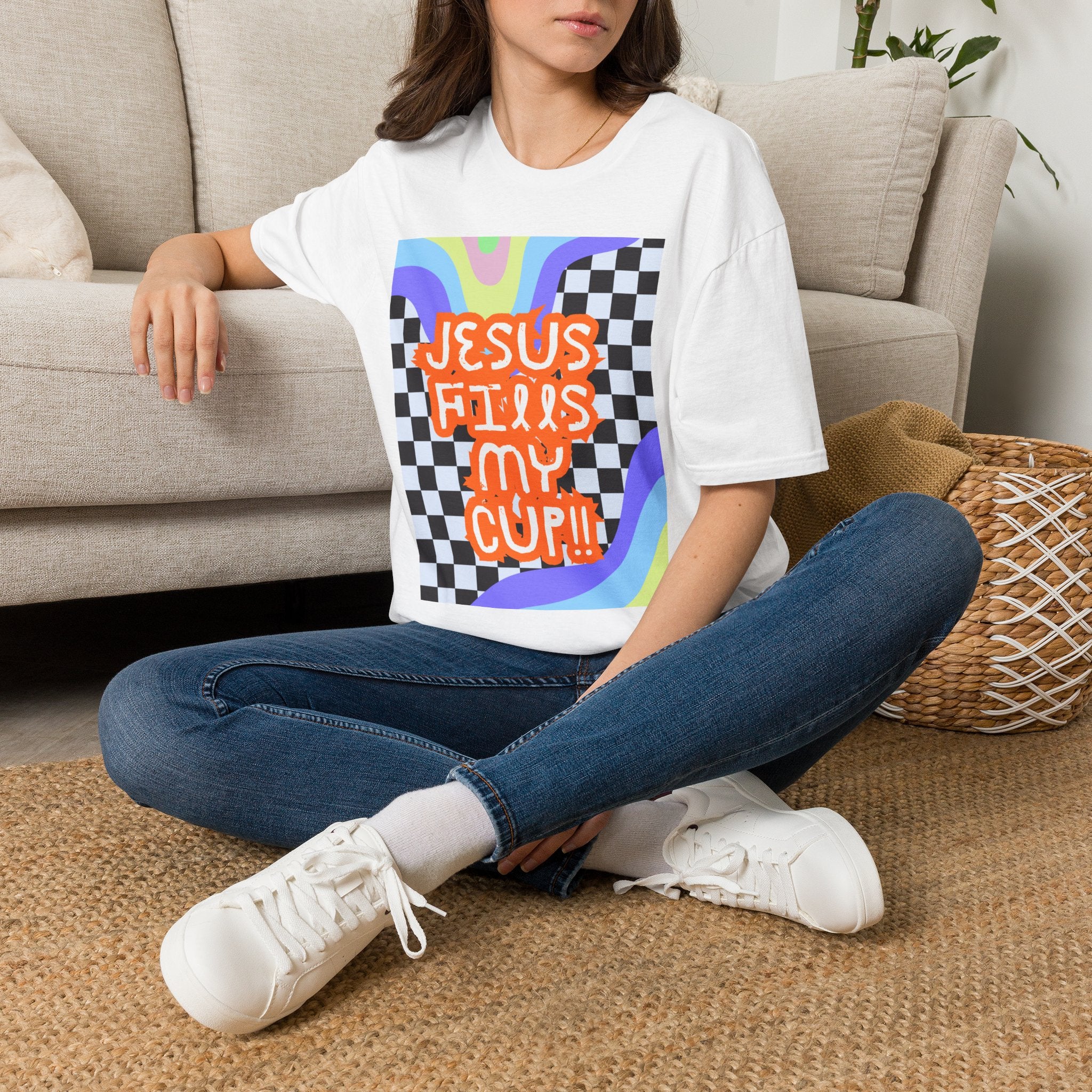 T-Shirt — "Jesus Fills My Cup" Retro Checkerboard Faith Tee