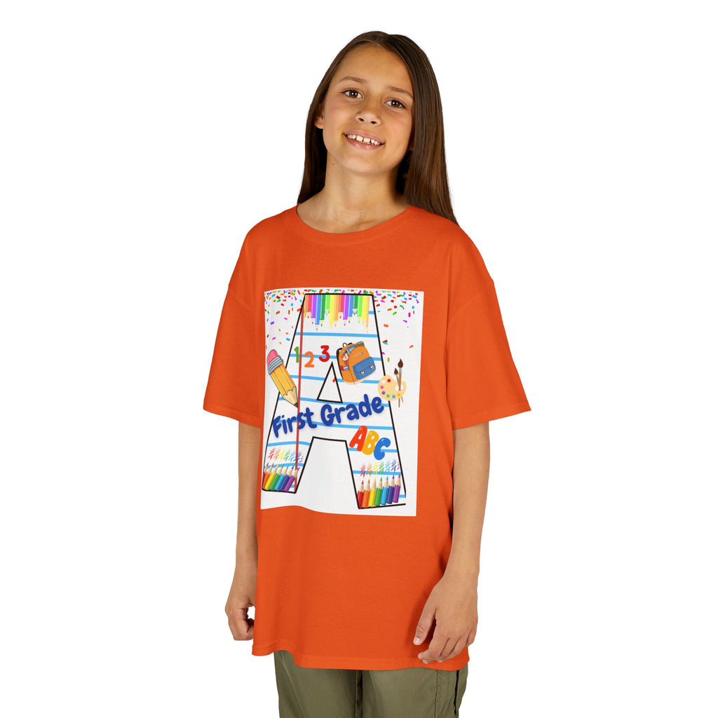 First Grade Kids Tee — Back to School A Monogram T-Shirt with Pencils & ABCs