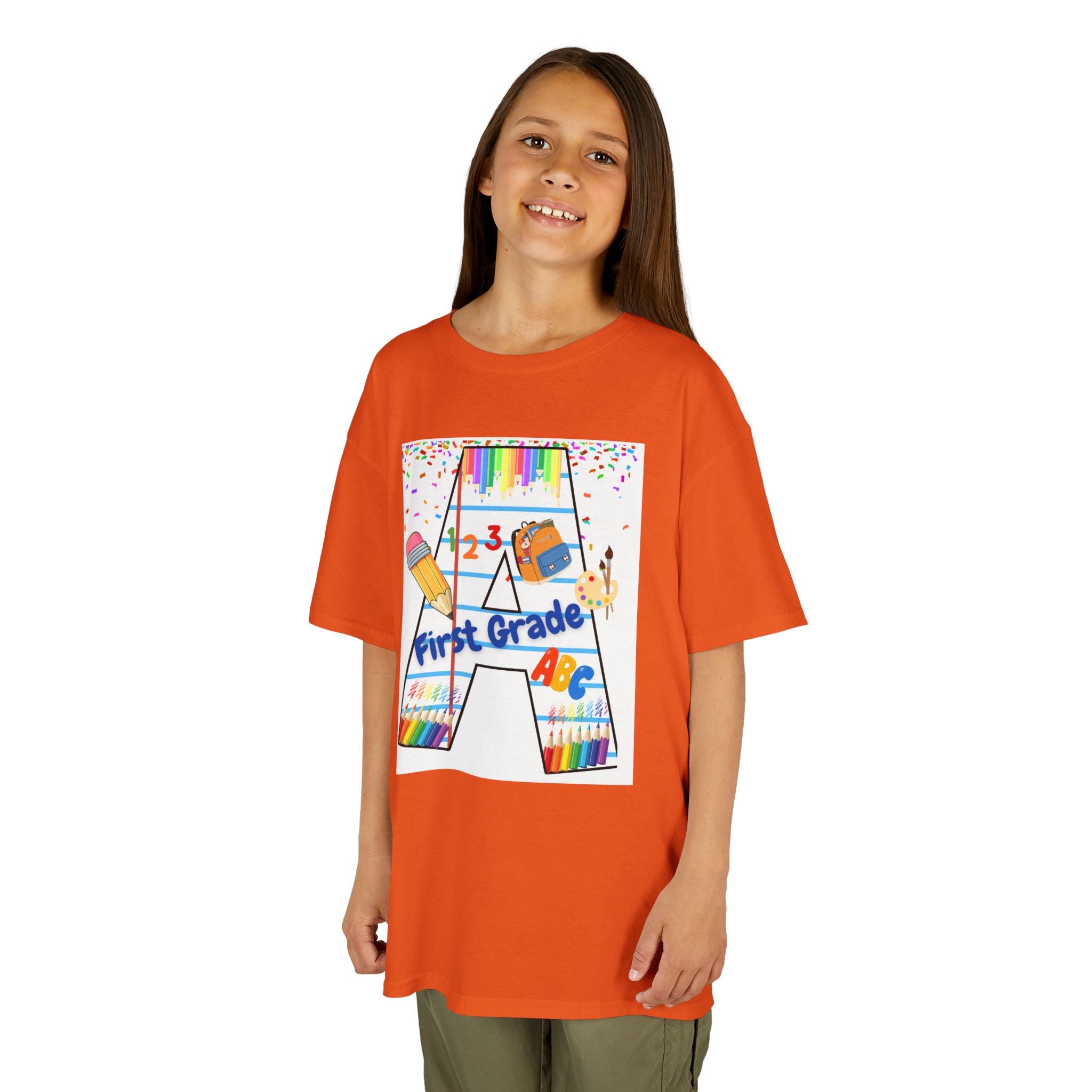 First Grade Kids Tee — Back to School A Monogram T-Shirt with Pencils & ABCs