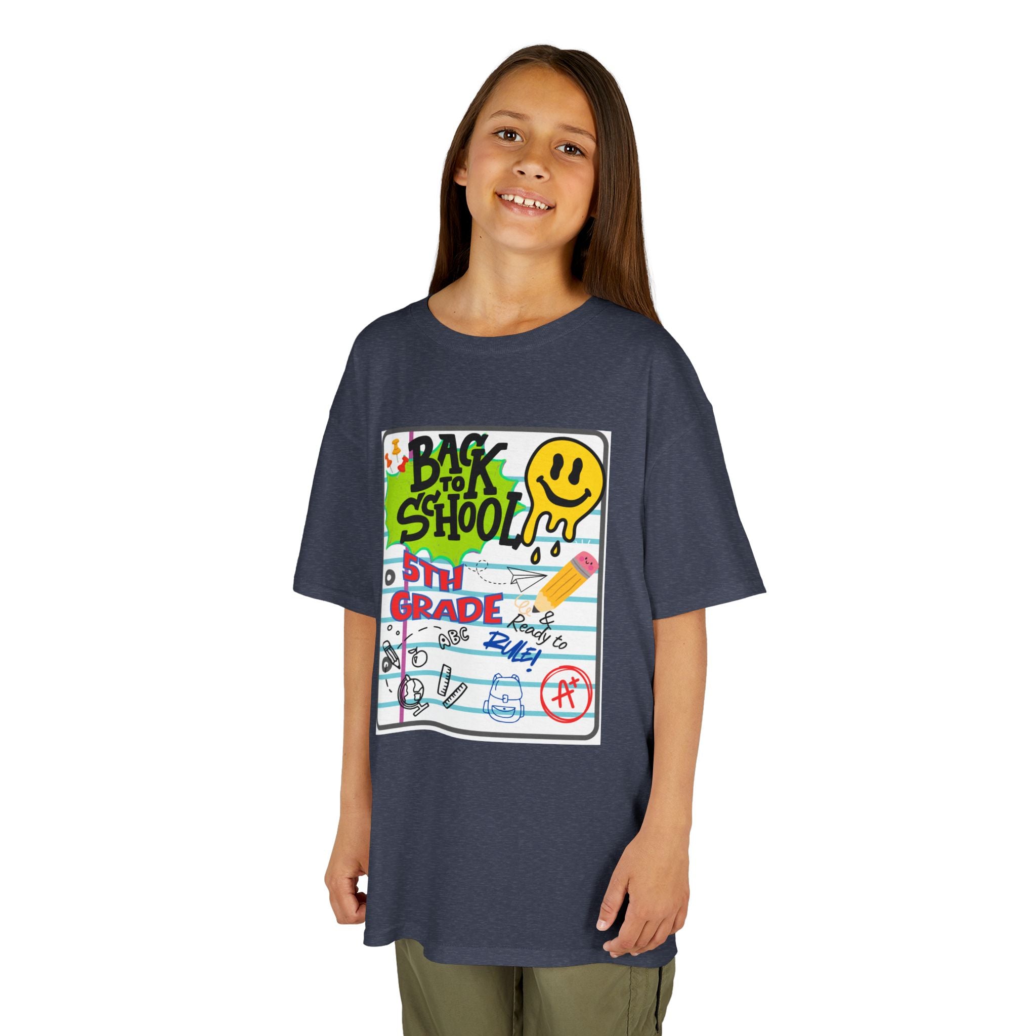 Kids "Back to School" Notebook Graphic Tee – 5th Grade Smiley Doodle Shirt