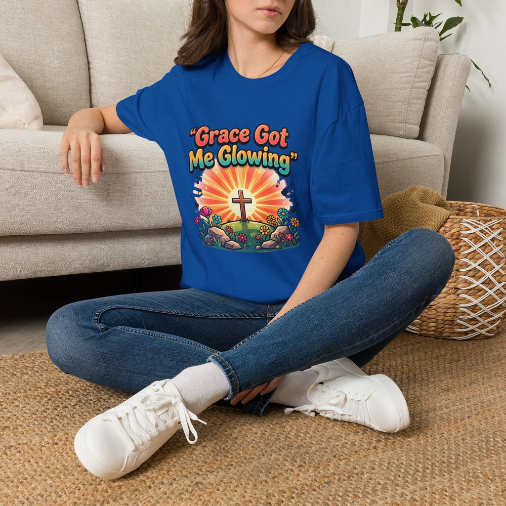 T-Shirt — "Grace Got Me Glowing" Christian Retro Sunrise Faith Tee