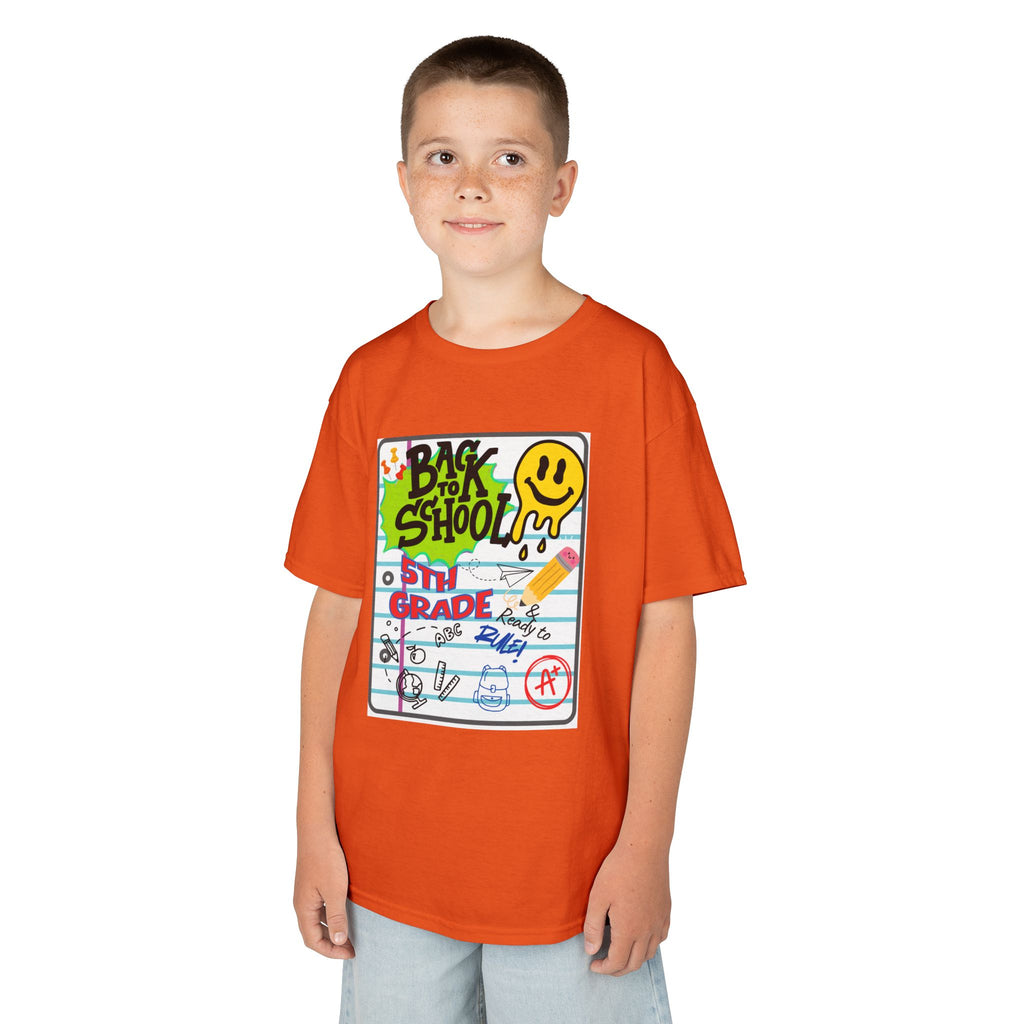 Kids "Back to School" Notebook Graphic Tee – 5th Grade Smiley Doodle Shirt