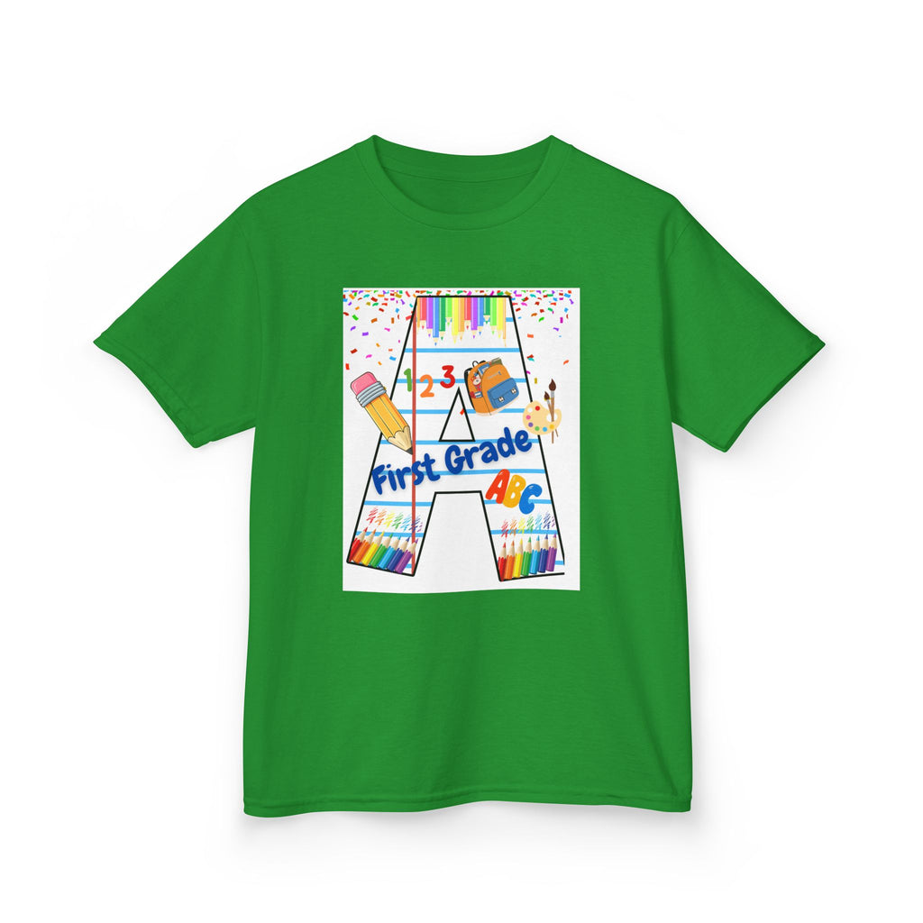 First Grade Kids Tee — Back to School A Monogram T-Shirt with Pencils & ABCs