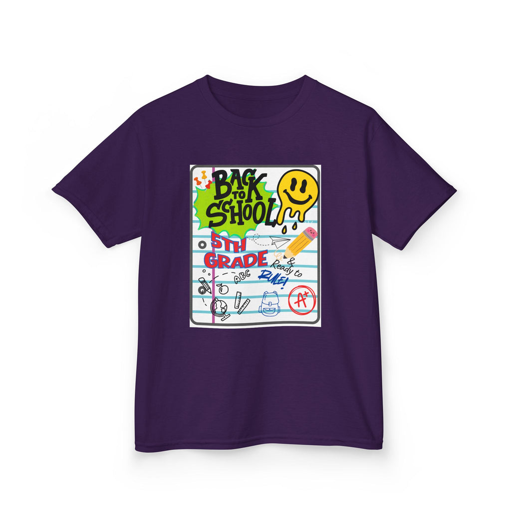 Kids "Back to School" Notebook Graphic Tee – 5th Grade Smiley Doodle Shirt