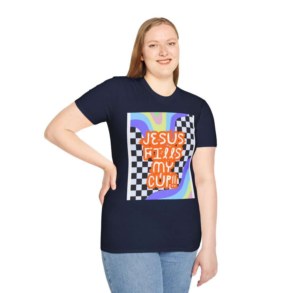 T-Shirt — "Jesus Fills My Cup" Retro Checkerboard Faith Tee