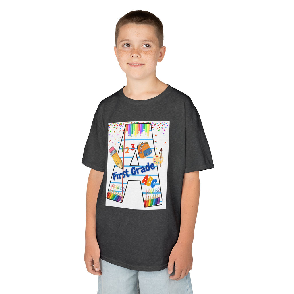 First Grade Kids Tee — Back to School A Monogram T-Shirt with Pencils & ABCs