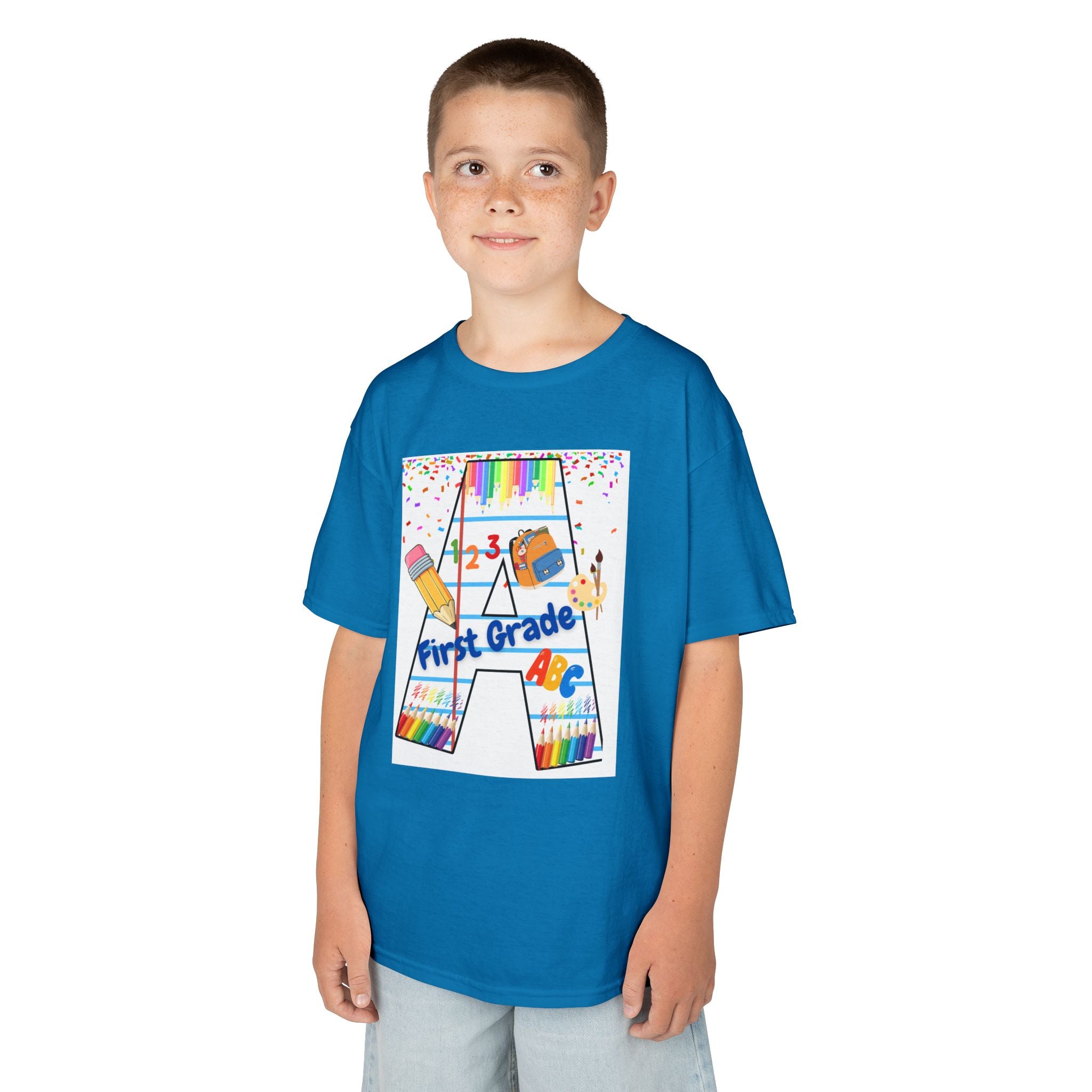 First Grade Kids Tee — Back to School A Monogram T-Shirt with Pencils & ABCs