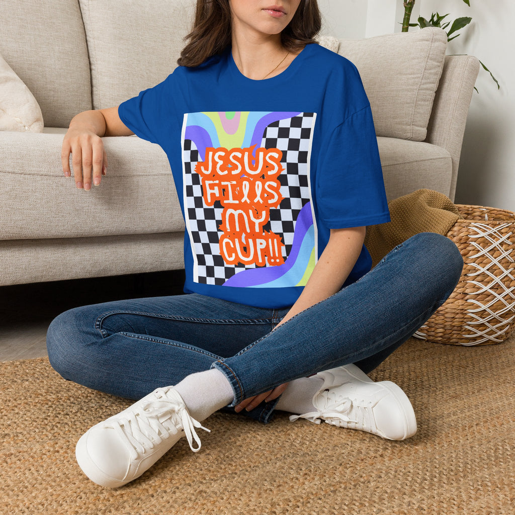 T-Shirt — "Jesus Fills My Cup" Retro Checkerboard Faith Tee