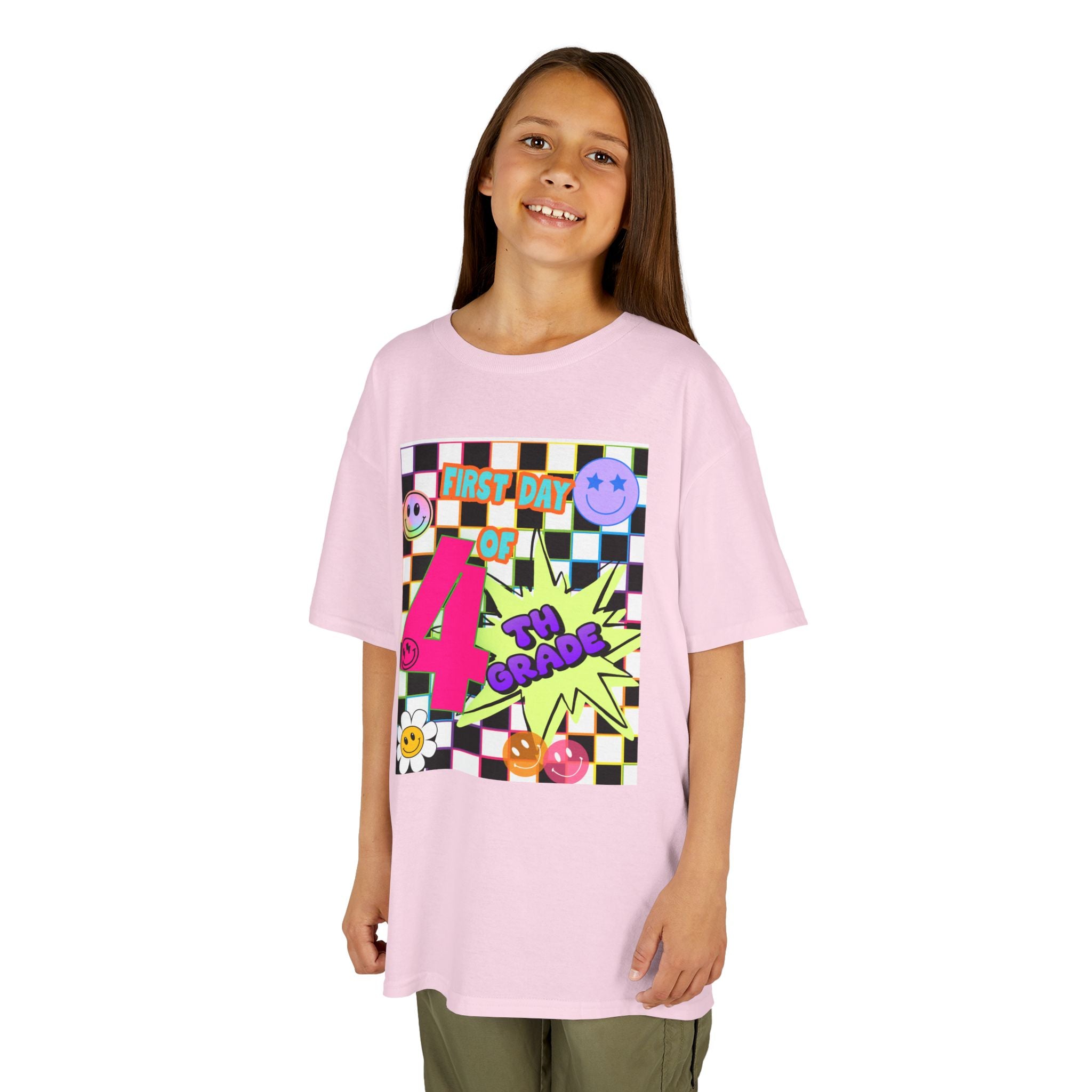 Kids 4th Grade First Day T-Shirt — Retro Checkerboard Neon Design