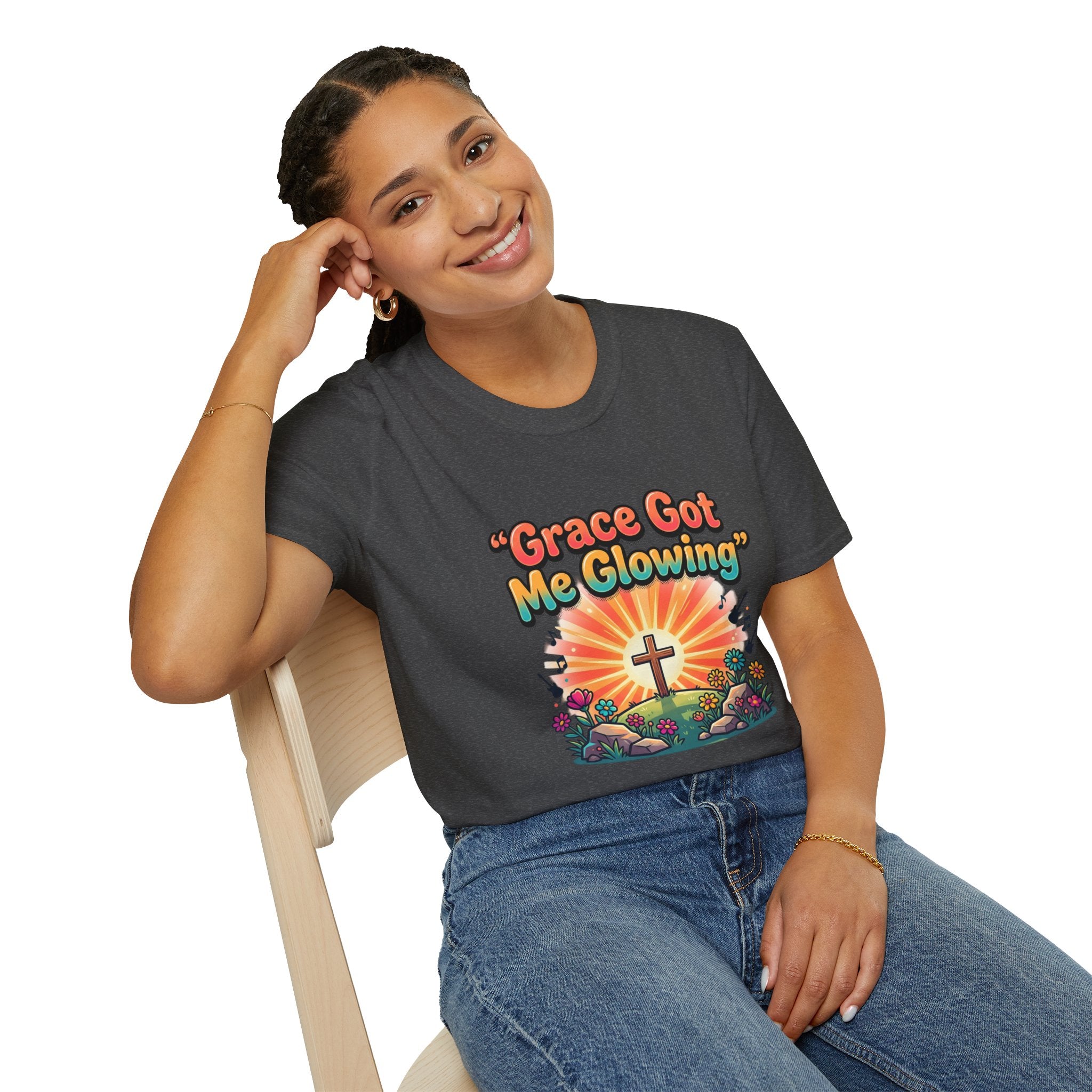 T-Shirt — "Grace Got Me Glowing" Christian Retro Sunrise Faith Tee