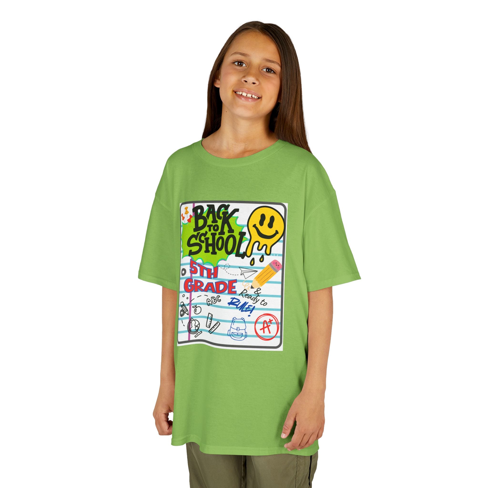 Kids "Back to School" Notebook Graphic Tee – 5th Grade Smiley Doodle Shirt