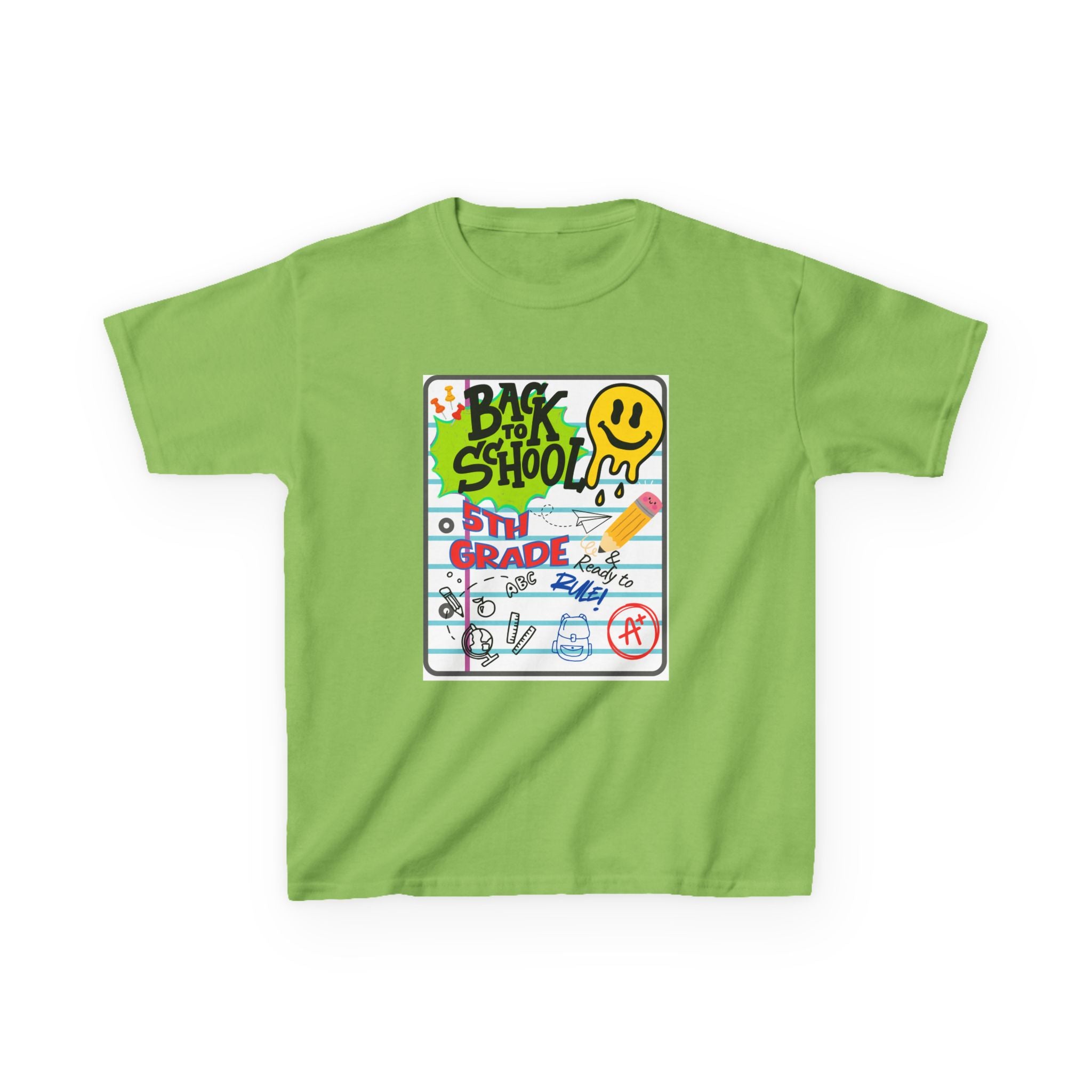 Kids "Back to School" Notebook Graphic Tee – 5th Grade Smiley Doodle Shirt