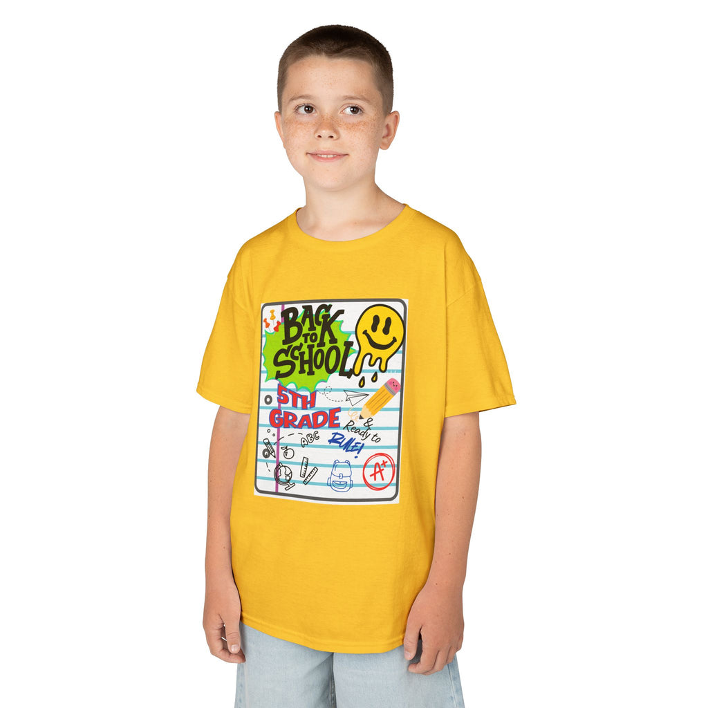 Kids "Back to School" Notebook Graphic Tee – 5th Grade Smiley Doodle Shirt