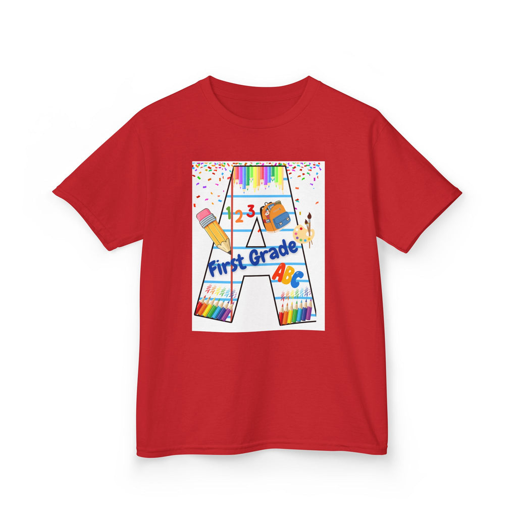 First Grade Kids Tee — Back to School A Monogram T-Shirt with Pencils & ABCs