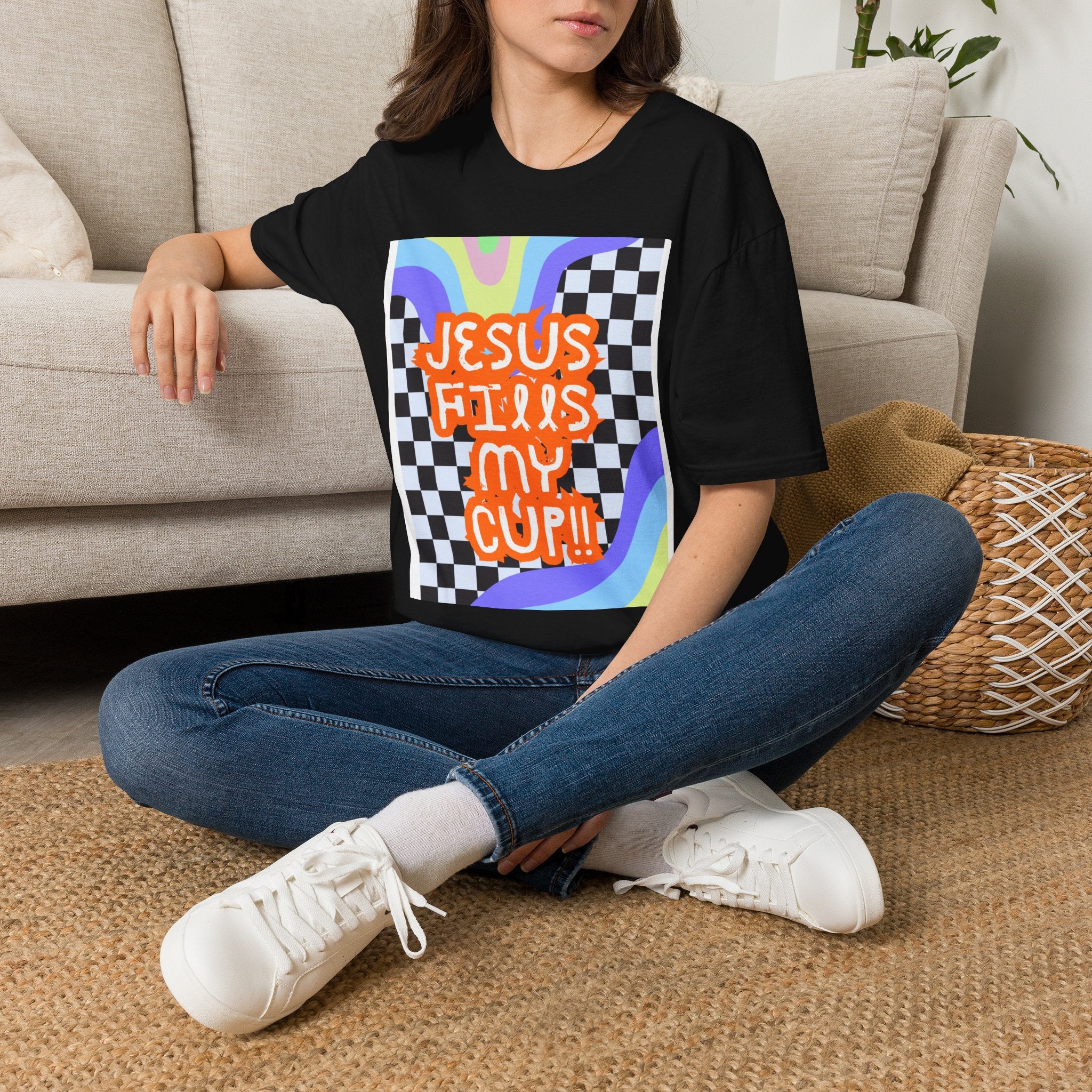 T-Shirt — "Jesus Fills My Cup" Retro Checkerboard Faith Tee