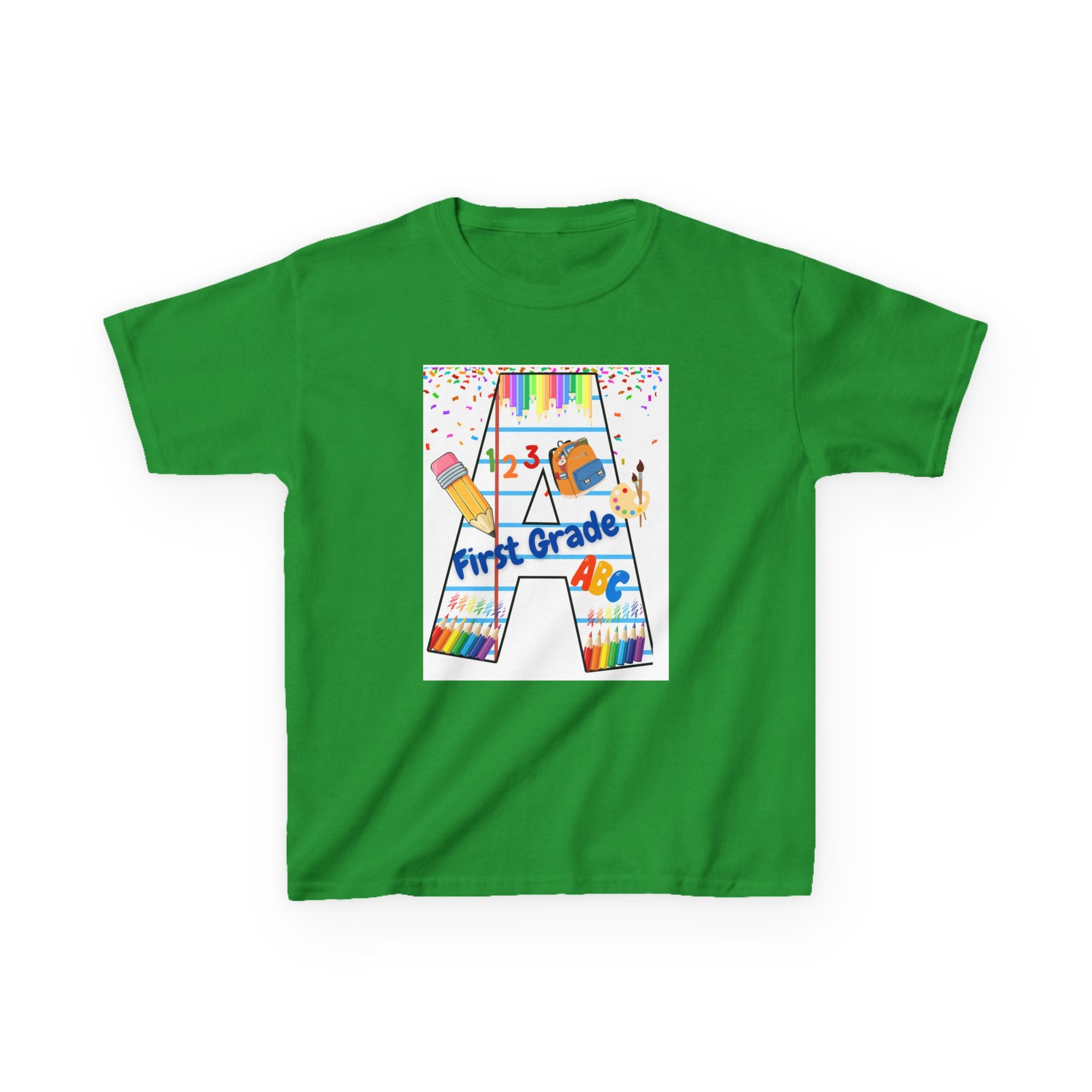 First Grade Kids Tee — Back to School A Monogram T-Shirt with Pencils & ABCs