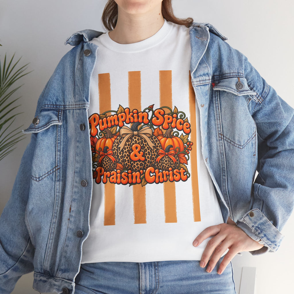 Pumpkin Spice & Praisin' Christ Tee — Fall Christian Pumpkin Graphic T-Shirt