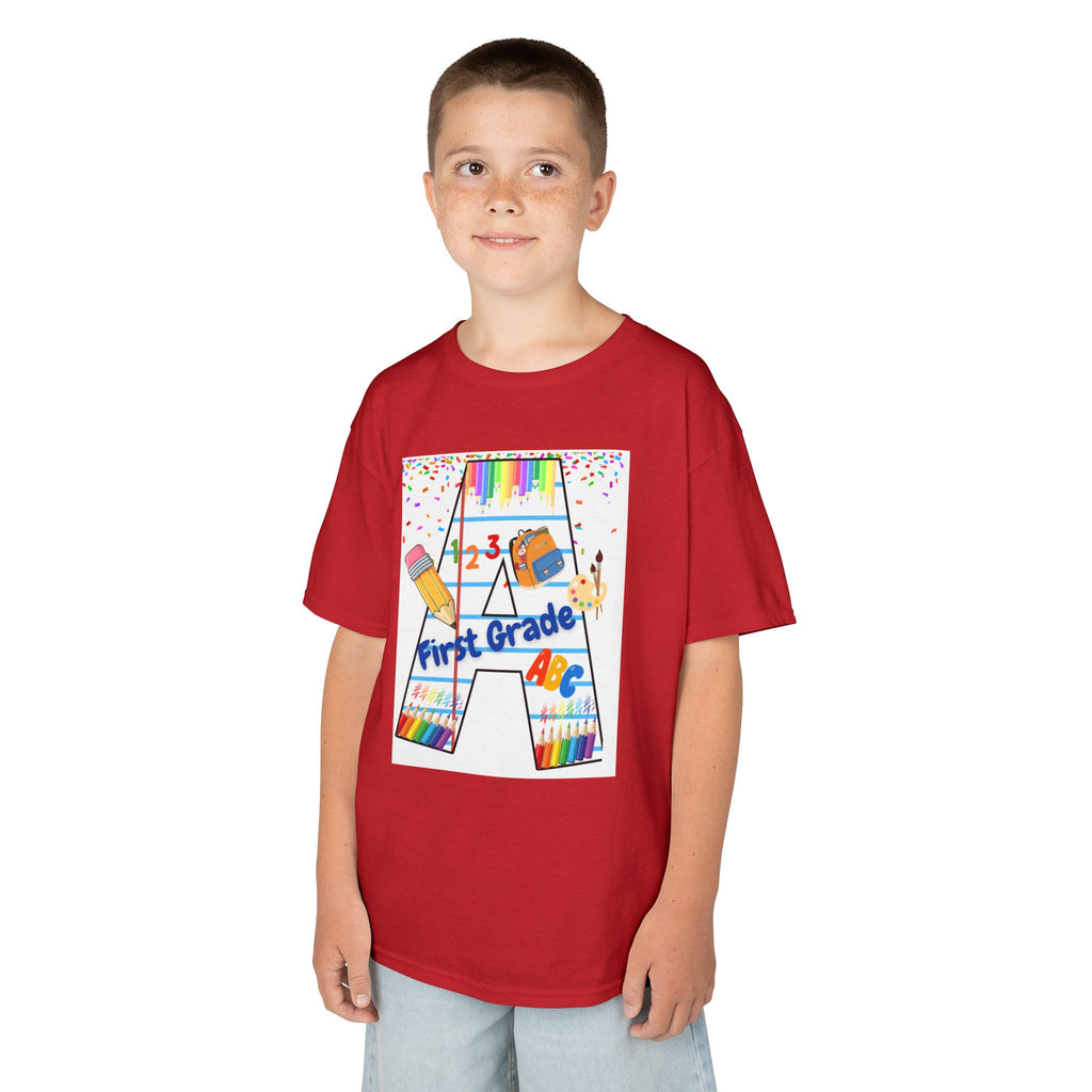 First Grade Kids Tee — Back to School A Monogram T-Shirt with Pencils & ABCs