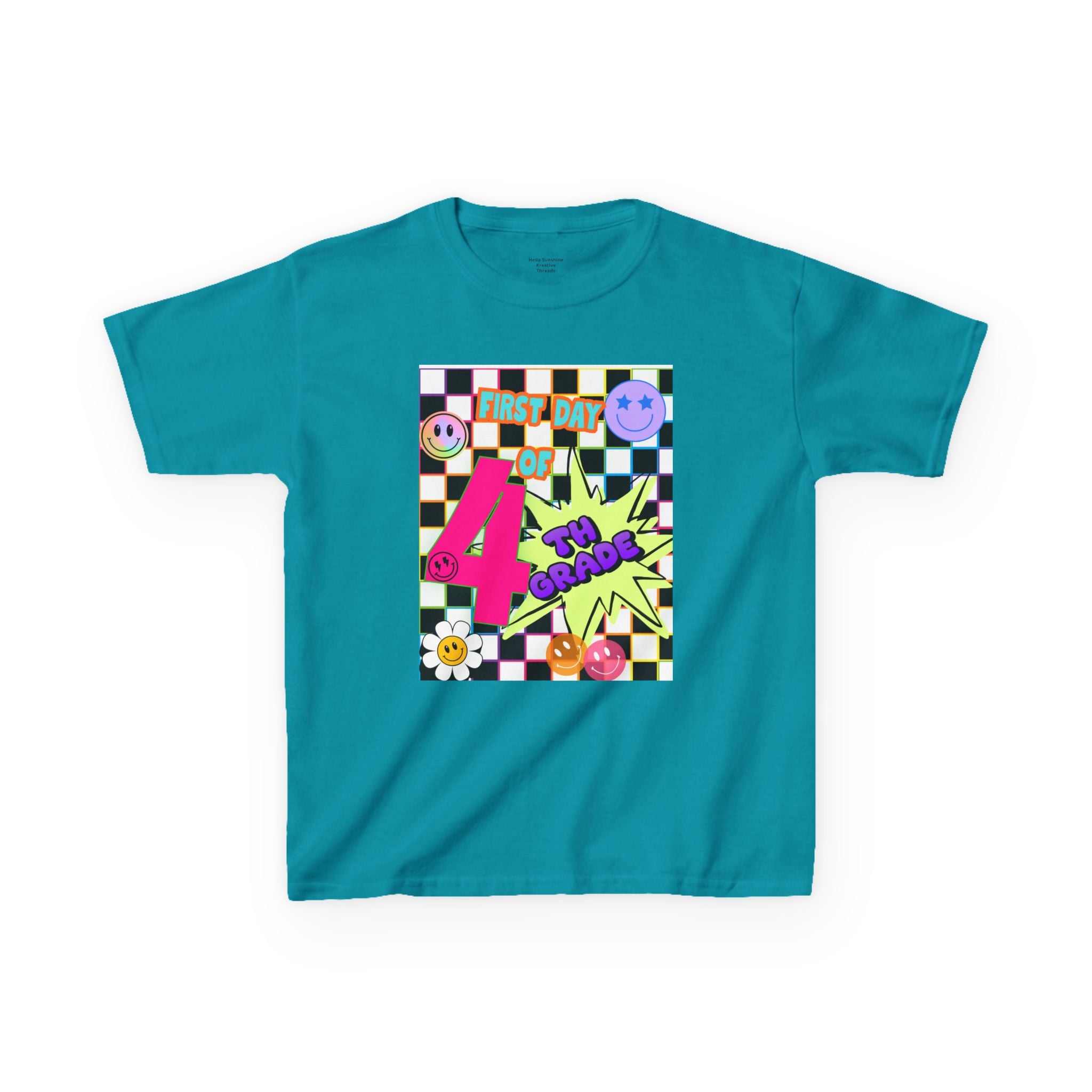 Kids 4th Grade First Day T-Shirt — Retro Checkerboard Neon Design