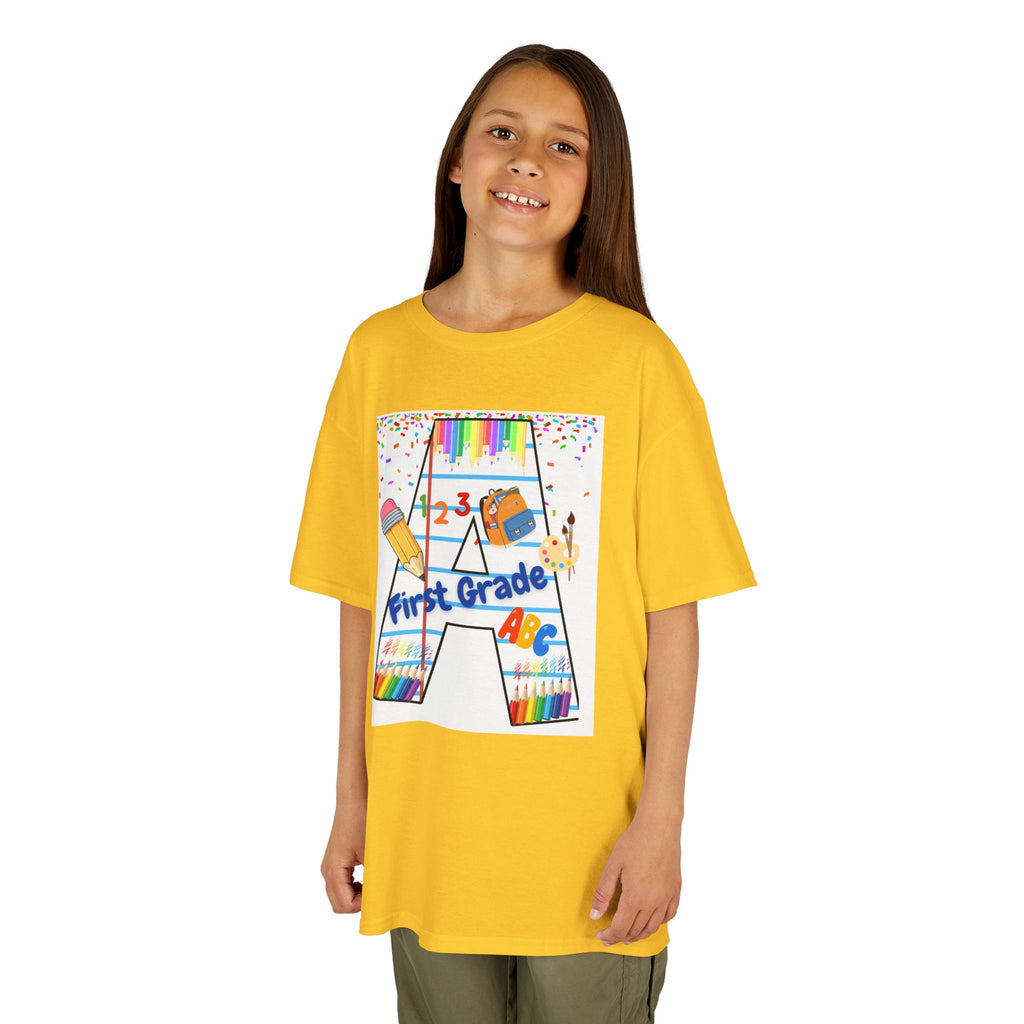 First Grade Kids Tee — Back to School A Monogram T-Shirt with Pencils & ABCs