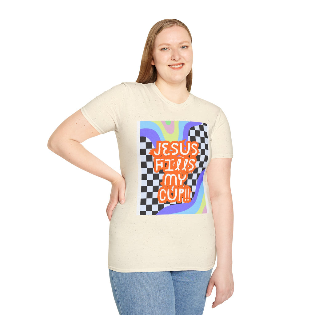 T-Shirt — "Jesus Fills My Cup" Retro Checkerboard Faith Tee