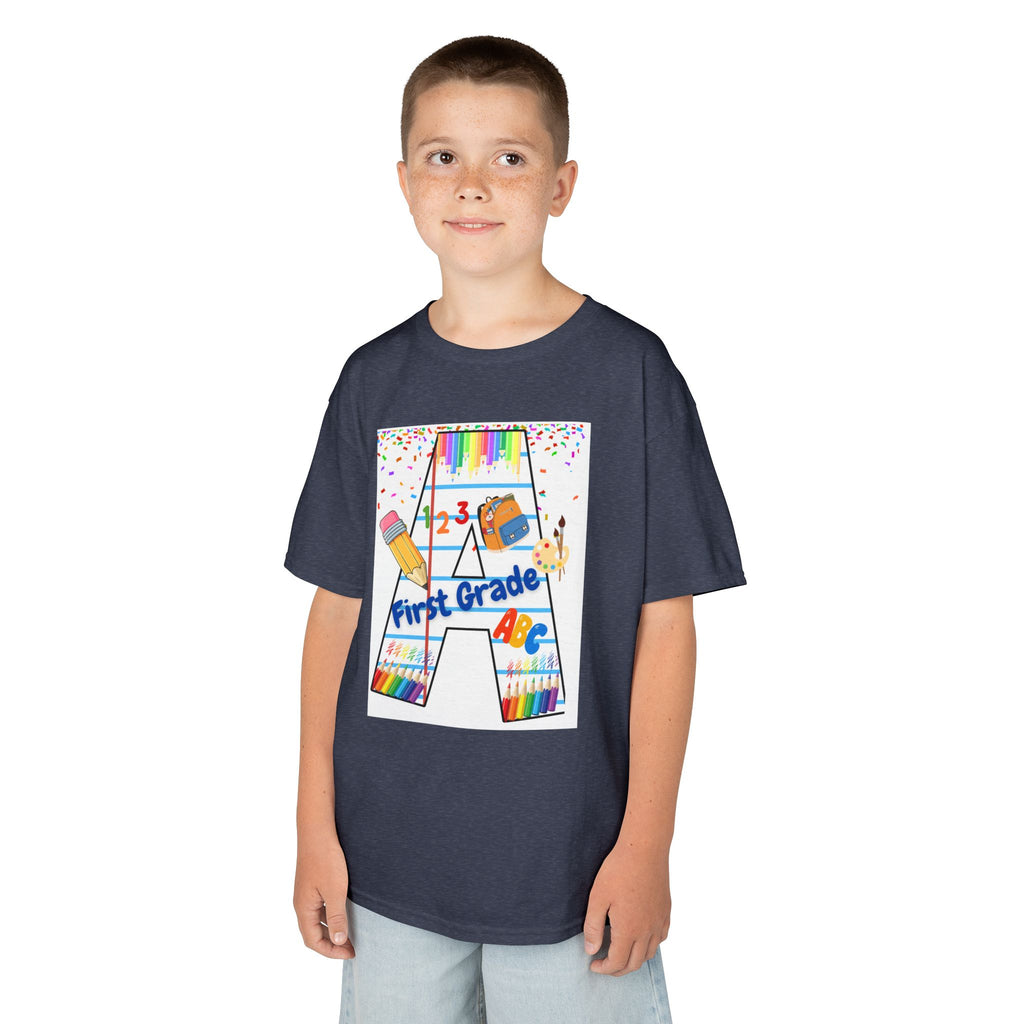 First Grade Kids Tee — Back to School A Monogram T-Shirt with Pencils & ABCs