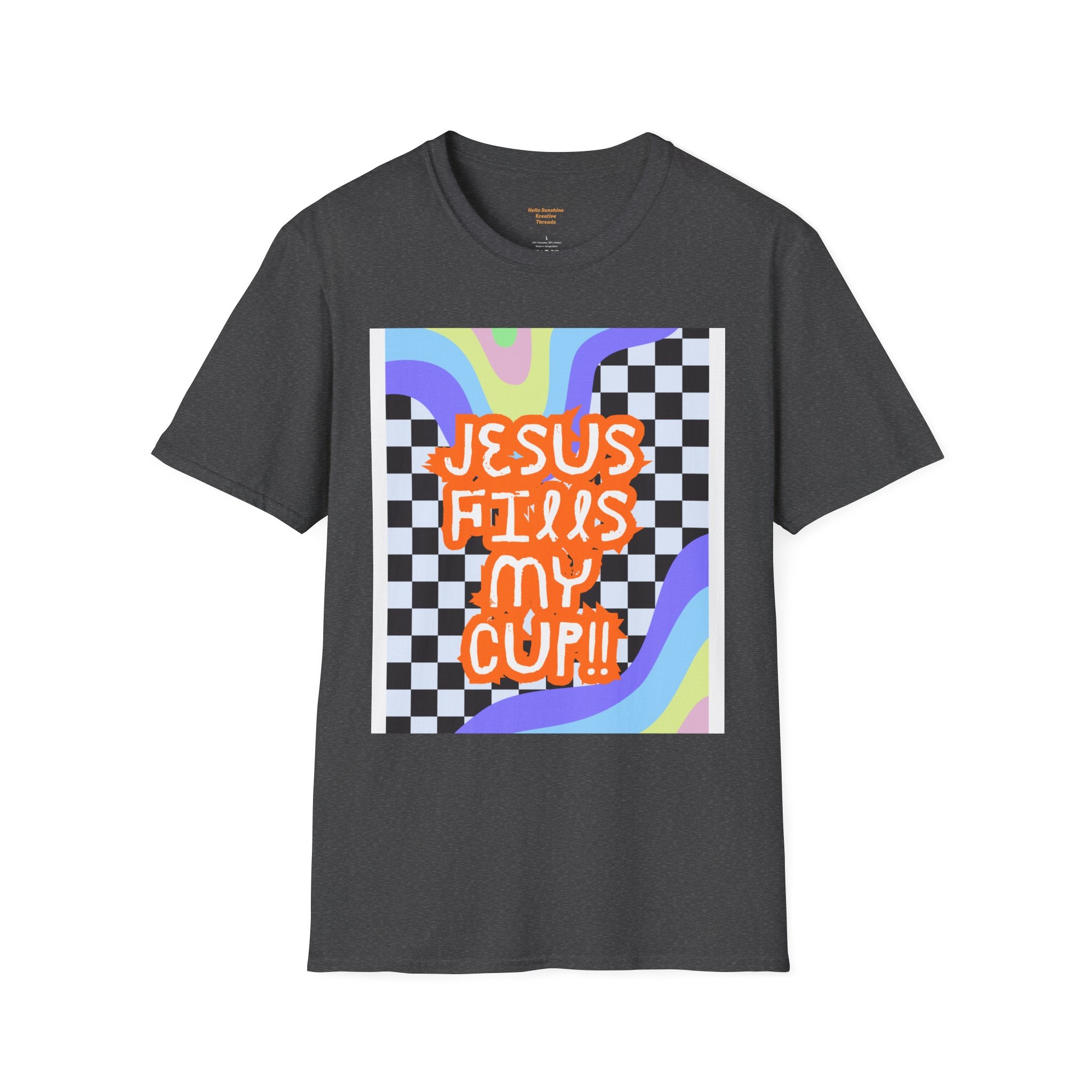 T-Shirt — "Jesus Fills My Cup" Retro Checkerboard Faith Tee