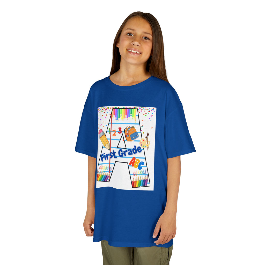 First Grade Kids Tee — Back to School A Monogram T-Shirt with Pencils & ABCs
