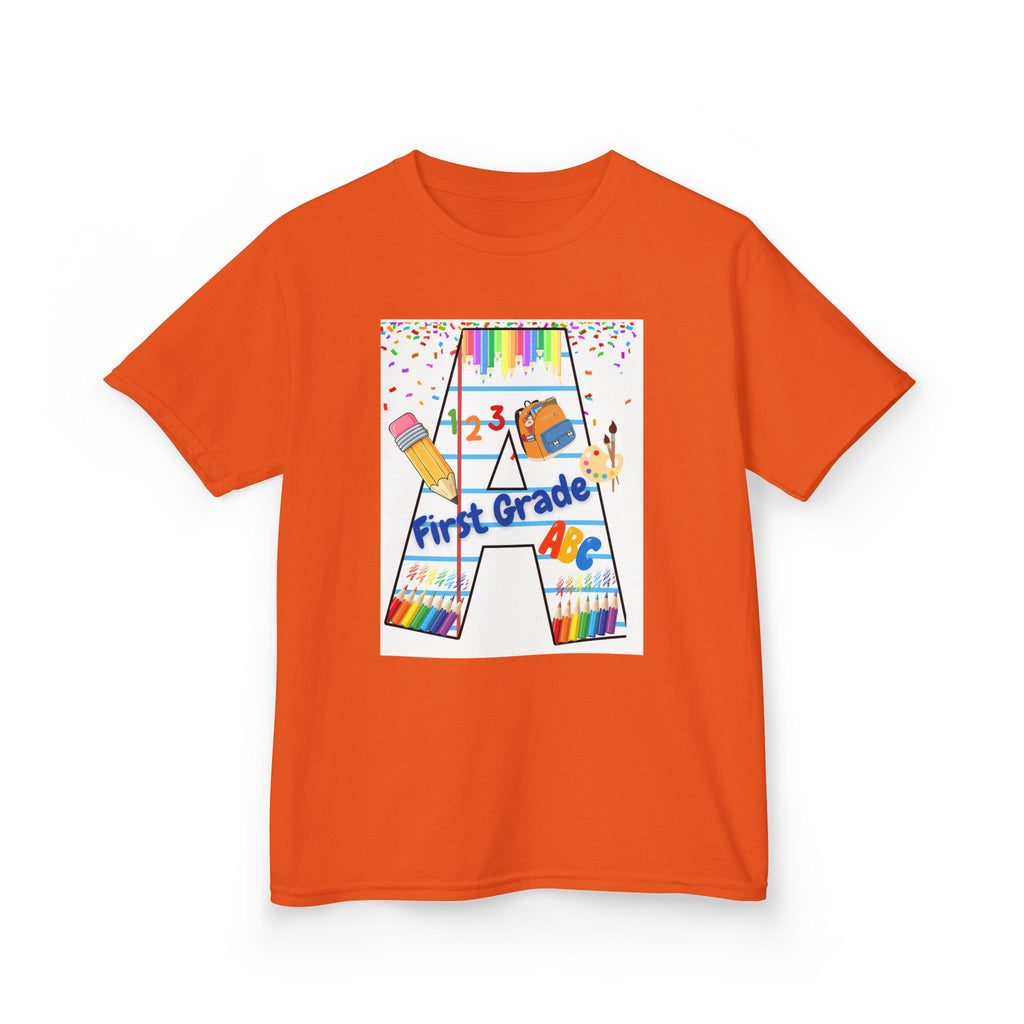 First Grade Kids Tee — Back to School A Monogram T-Shirt with Pencils & ABCs