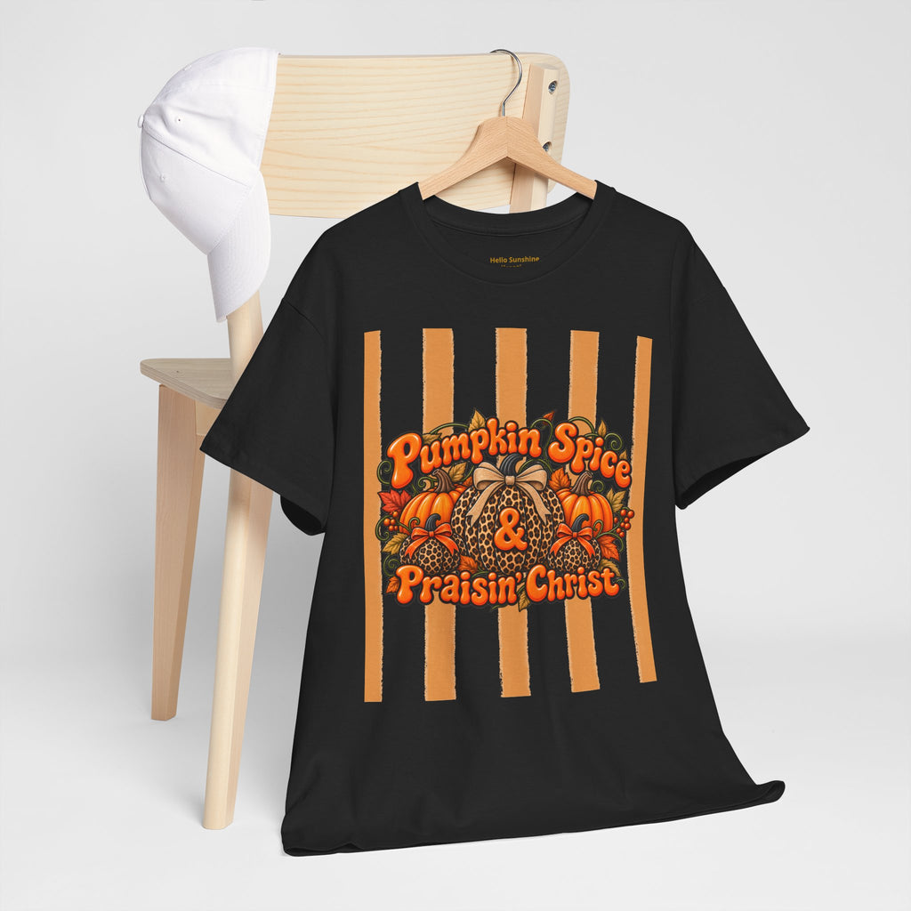 Pumpkin Spice & Praisin' Christ Tee — Fall Christian Pumpkin Graphic T-Shirt