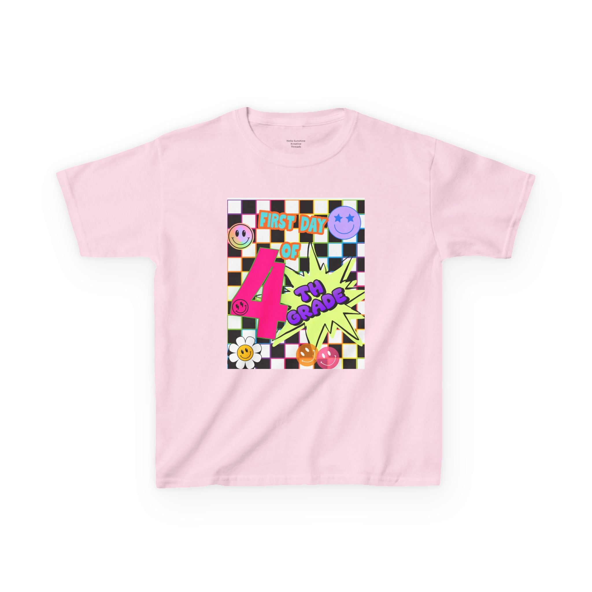Kids 4th Grade First Day T-Shirt — Retro Checkerboard Neon Design