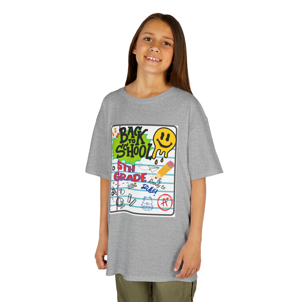 Kids "Back to School" Notebook Graphic Tee – 5th Grade Smiley Doodle Shirt