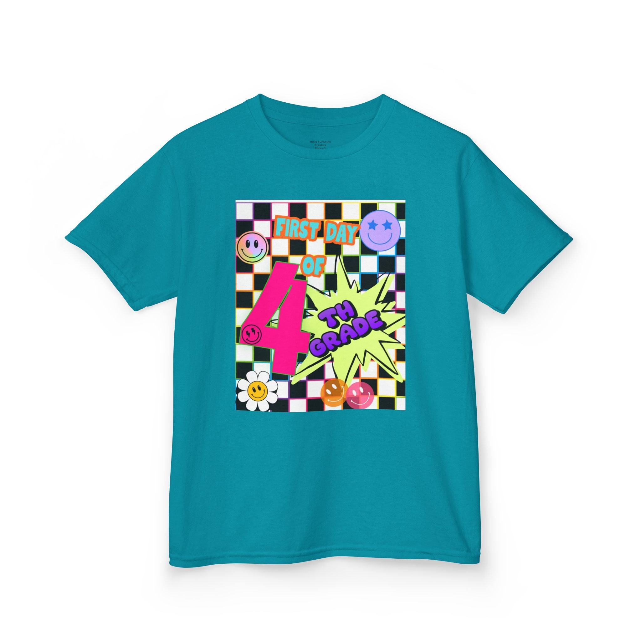 Kids 4th Grade First Day T-Shirt — Retro Checkerboard Neon Design