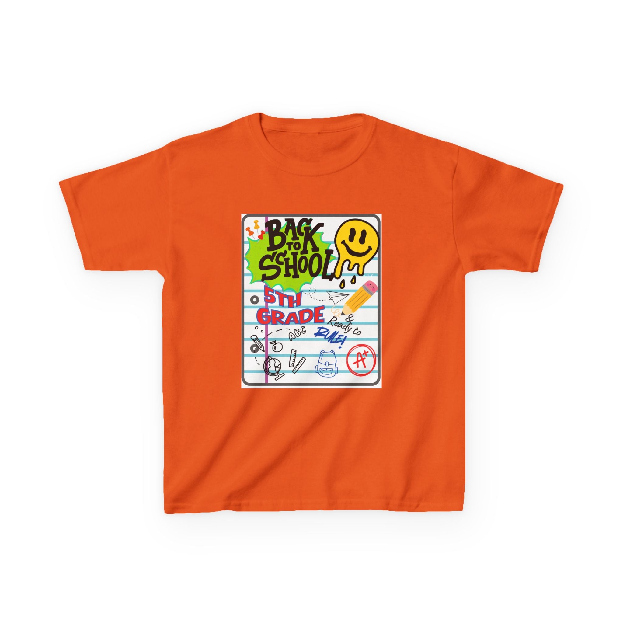 Kids "Back to School" Notebook Graphic Tee – 5th Grade Smiley Doodle Shirt
