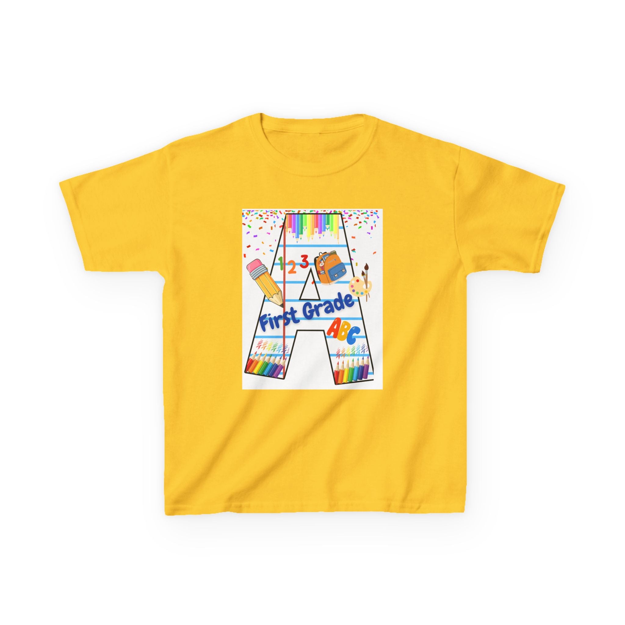 First Grade Kids Tee — Back to School A Monogram T-Shirt with Pencils & ABCs
