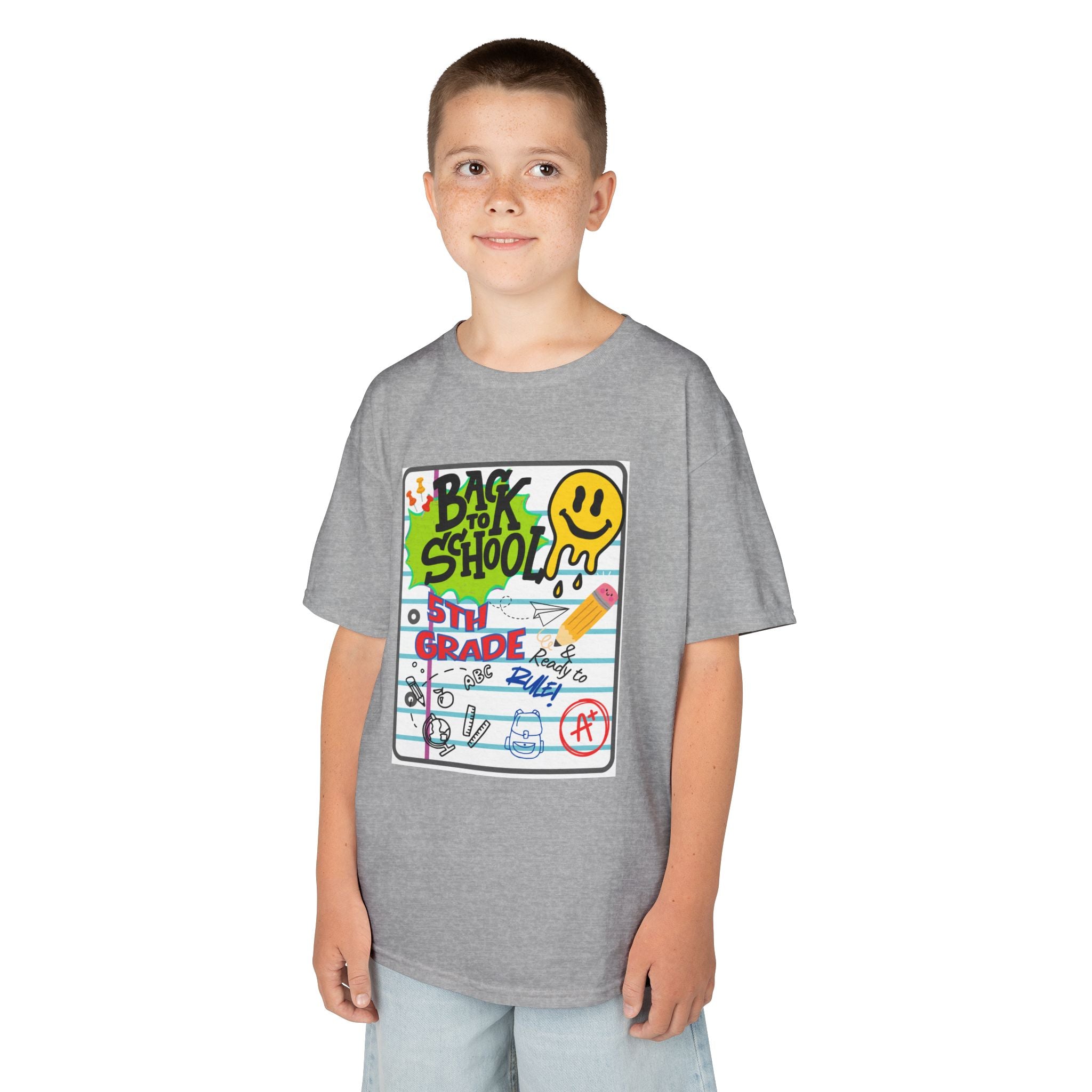 Kids "Back to School" Notebook Graphic Tee – 5th Grade Smiley Doodle Shirt