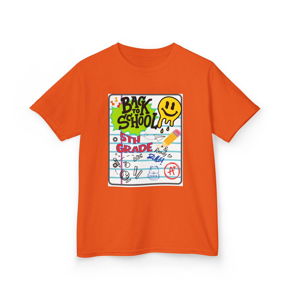 Kids "Back to School" Notebook Graphic Tee – 5th Grade Smiley Doodle Shirt