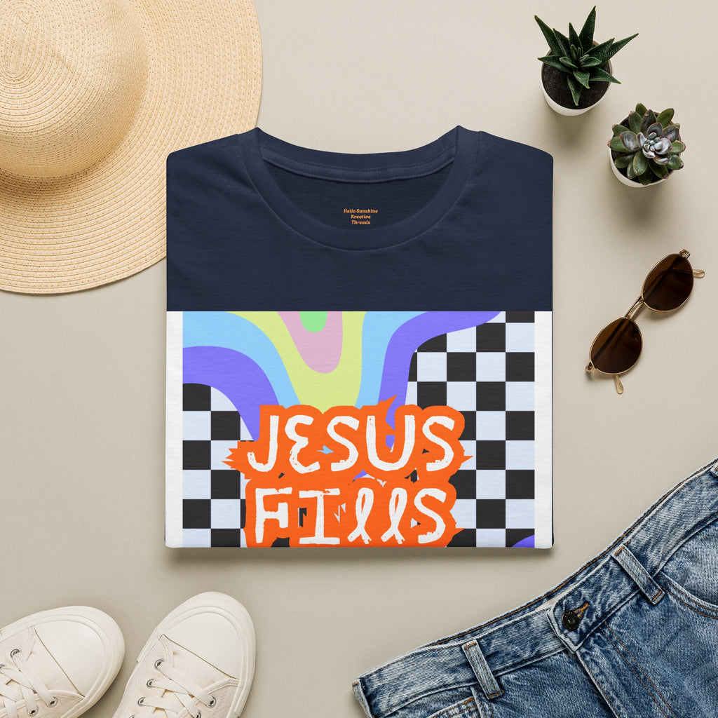 T-Shirt — "Jesus Fills My Cup" Retro Checkerboard Faith Tee